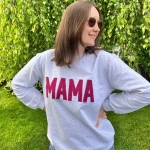 Gray sweatshirt with maroon "MAMA" embroidery