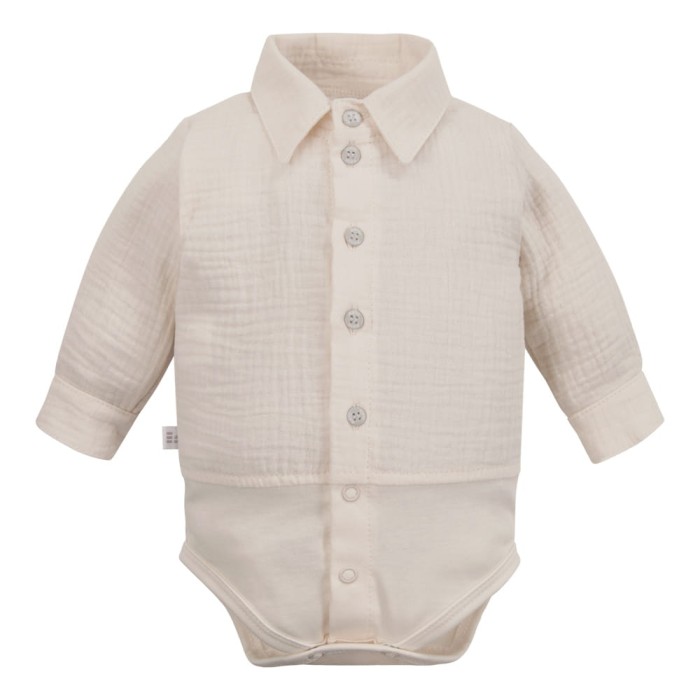 Muslin shirt-style bodysuit with collar and buttons beige