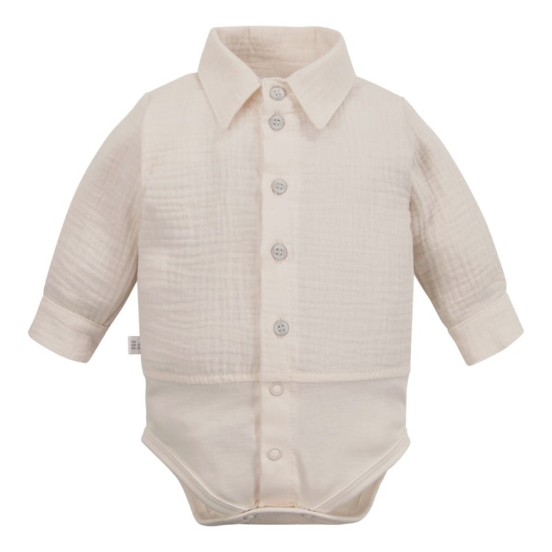 Muslin shirt-style bodysuit with collar and buttons beige