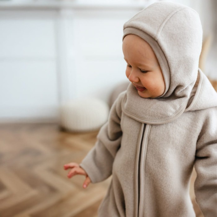 Beige baby balaclava made of fleece with merino wool lining