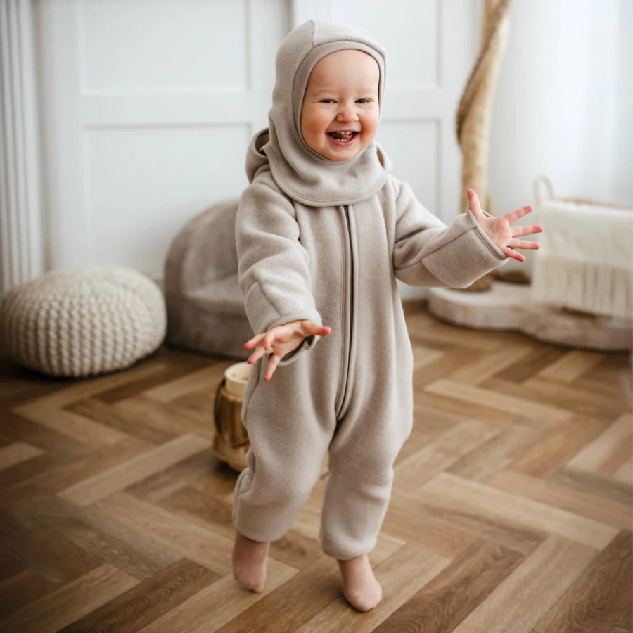 Beige baby balaclava made of fleece with merino wool lining