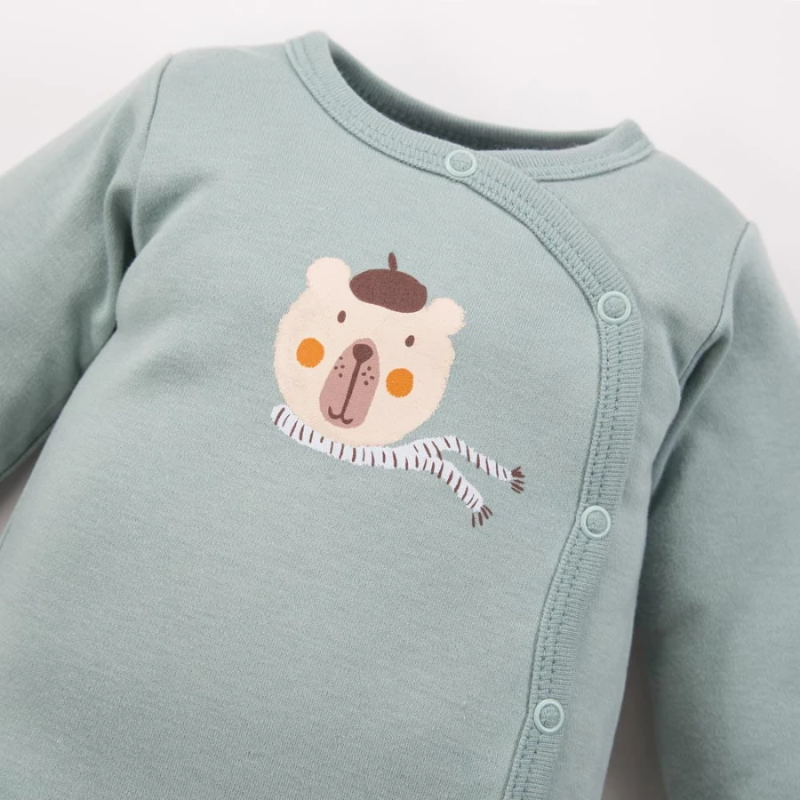 Baby wrap bodysuit sage green with bear