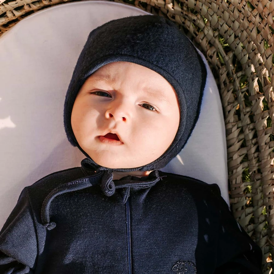 Navy Blue Baby Bonnet with Ties from Merino Wool