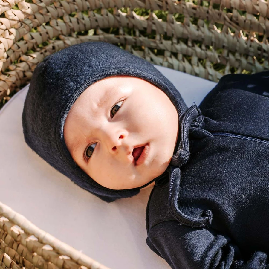 Navy Blue Baby Bonnet with Ties from Merino Wool