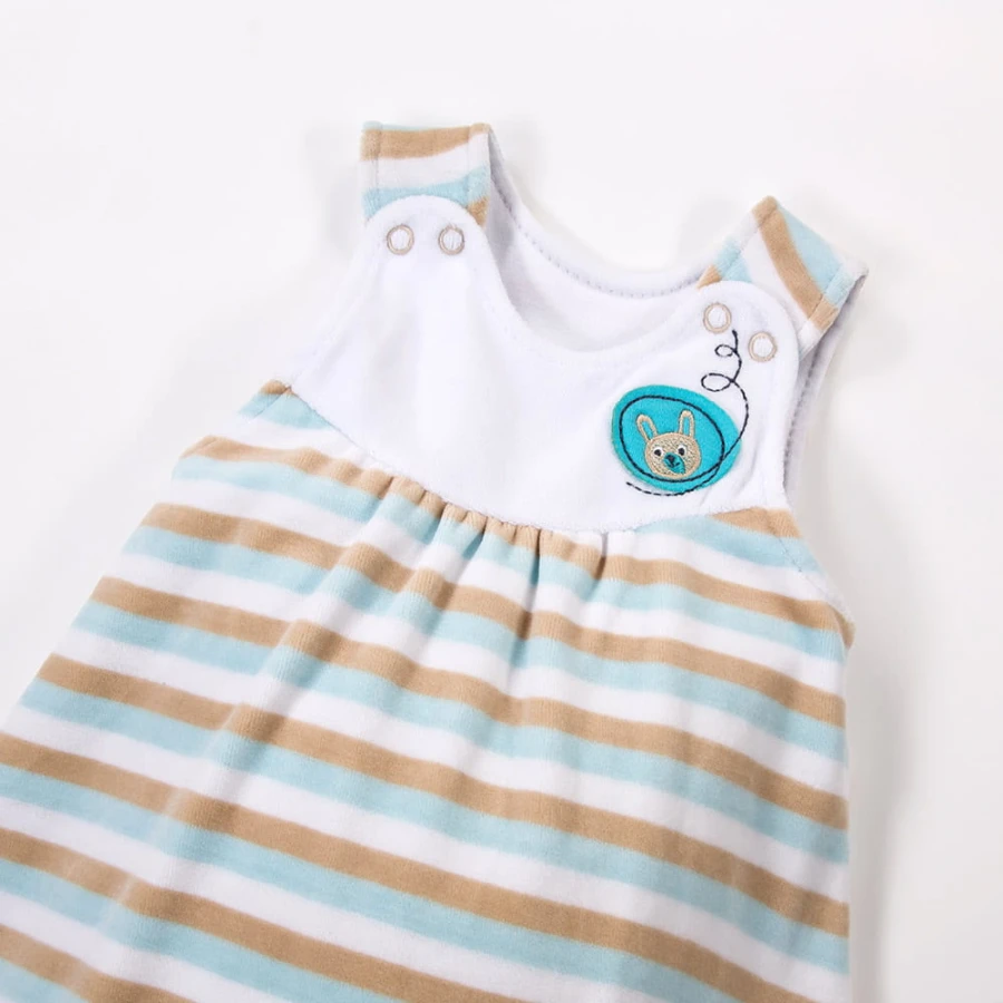 Tunika dziecięca welurowa beżowo turkusowa w paseczki pieskiem