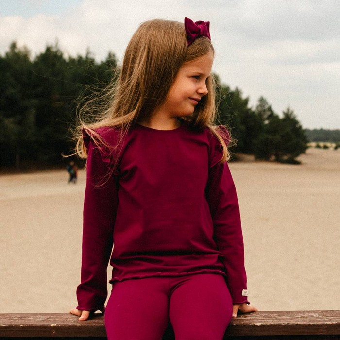 Burgundy cotton blouse with ruffles on shoulders