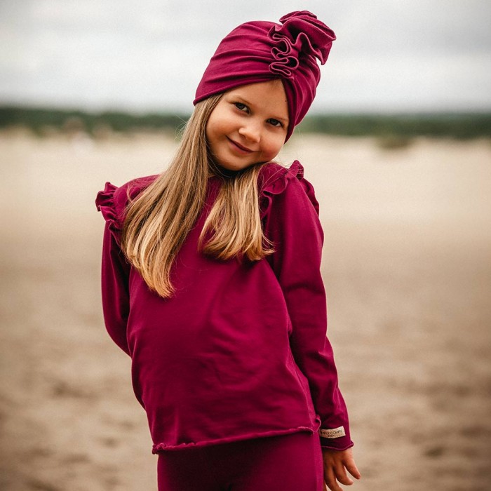 Burgundy cotton blouse with ruffles on shoulders