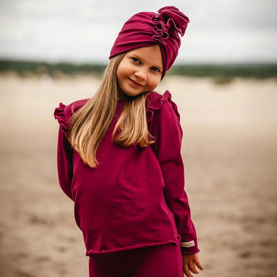 Burgundy cotton blouse with ruffles on shoulders