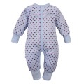 Blue footless baby romper with hearts, grows with your child