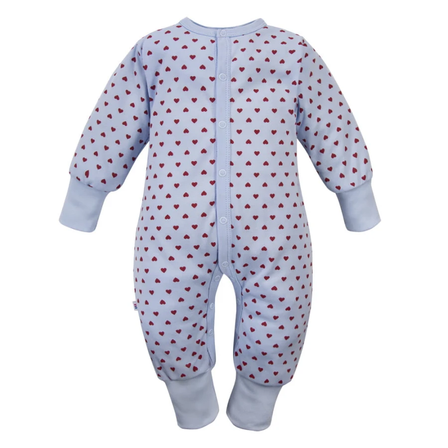 Blue footless baby romper with hearts, grows with your child