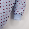 Blue footless baby romper with hearts, grows with your child
