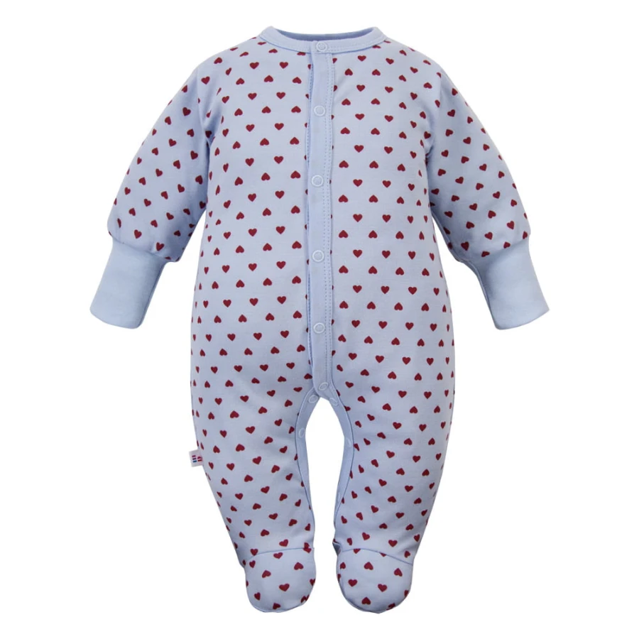 Blue baby sleepsuit with hearts and fold-over sleeves