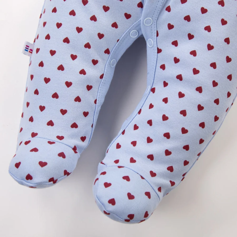 Blue baby sleepsuit with hearts and fold-over sleeves