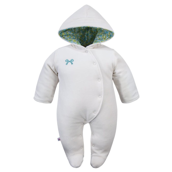 Velour baby snowsuit white with green and blue flowers