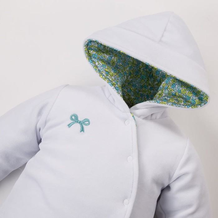 Velour baby snowsuit white with green and blue flowers