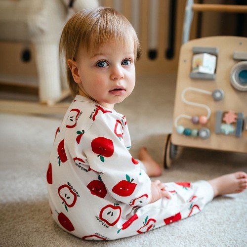 Dětský overal bez nožiček ecru s jablíčky