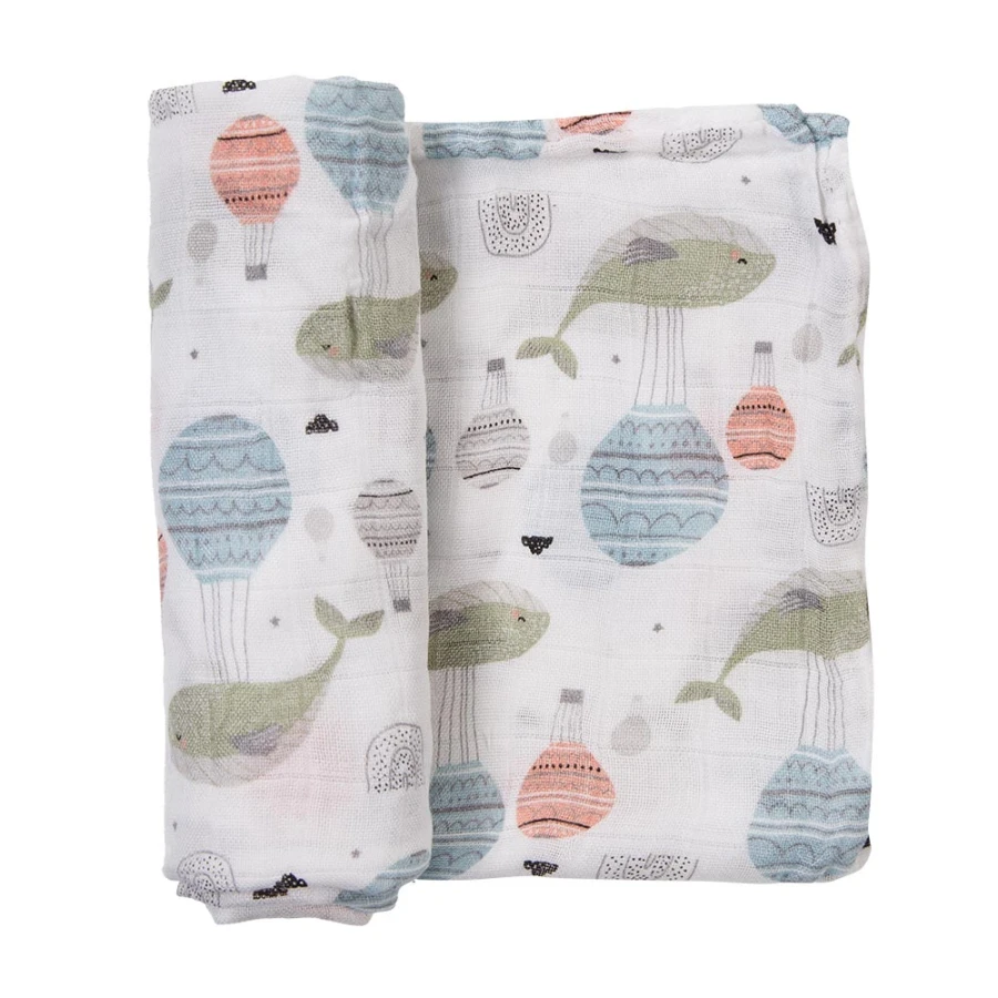 White bamboo baby diaper with whales 60x60