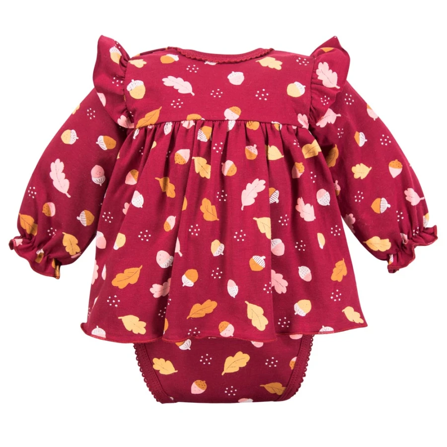 Girls set body-tunic and leggings burgundy with leaves and acorns