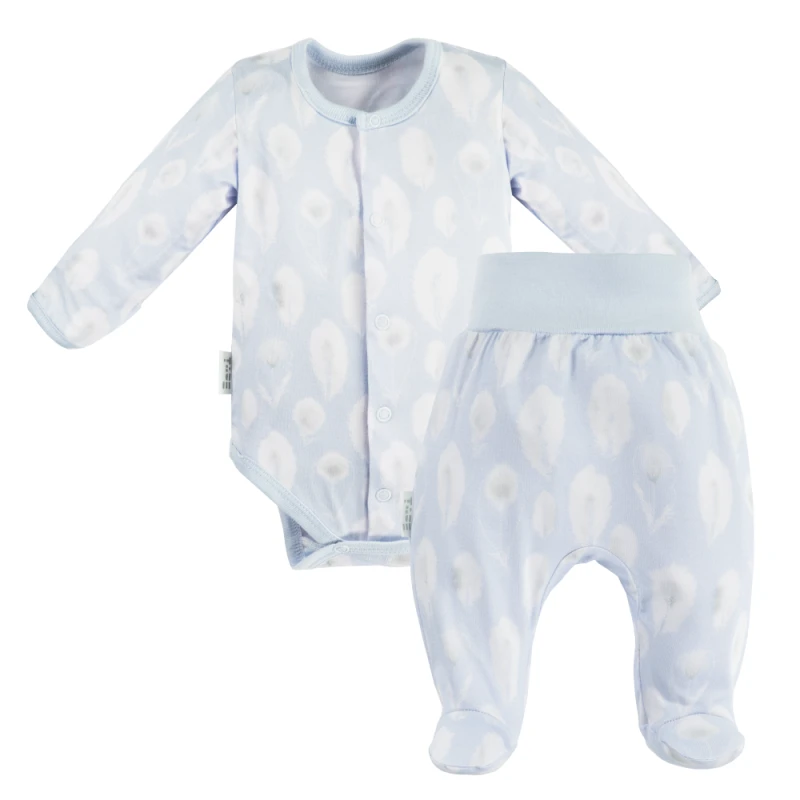 Baby bamboo set bodysuit and footed pants blue with feathers