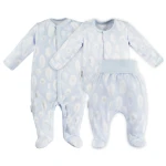 Baby bamboo set sleepsuit bodysuit and footed pants blue with feathers