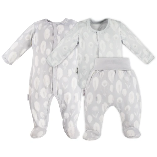Baby bamboo set sleepsuit bodysuit and footed pants grey with feathers
