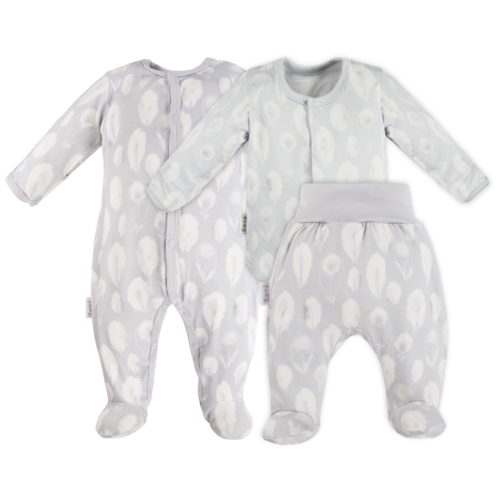 Baby bamboo set sleepsuit, bodysuit and footed pants grey with feathers
