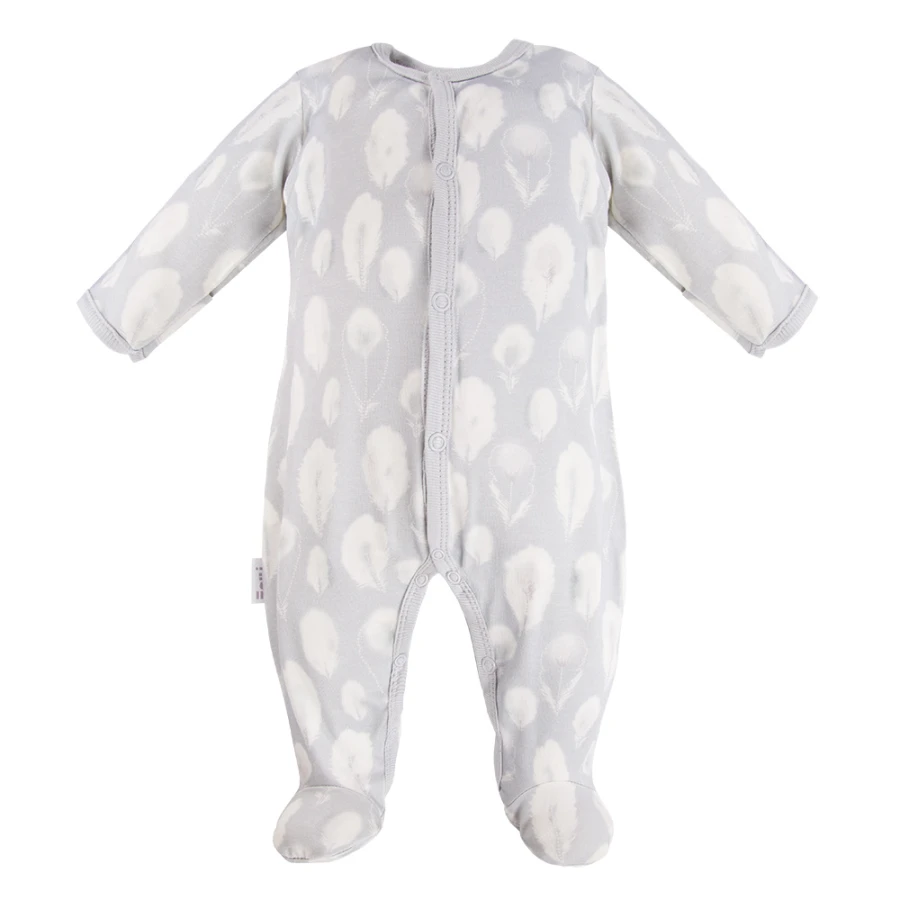Baby bamboo set sleepsuit, bodysuit and footed pants grey with feathers