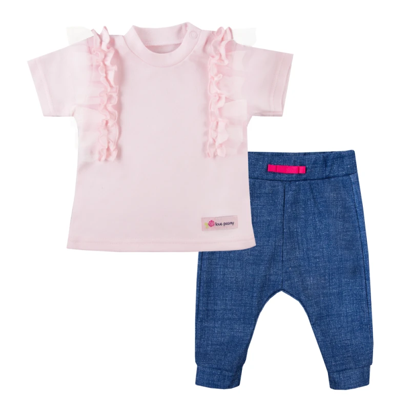 Girls set pink blouse with tulle ruffle and denim-style pants