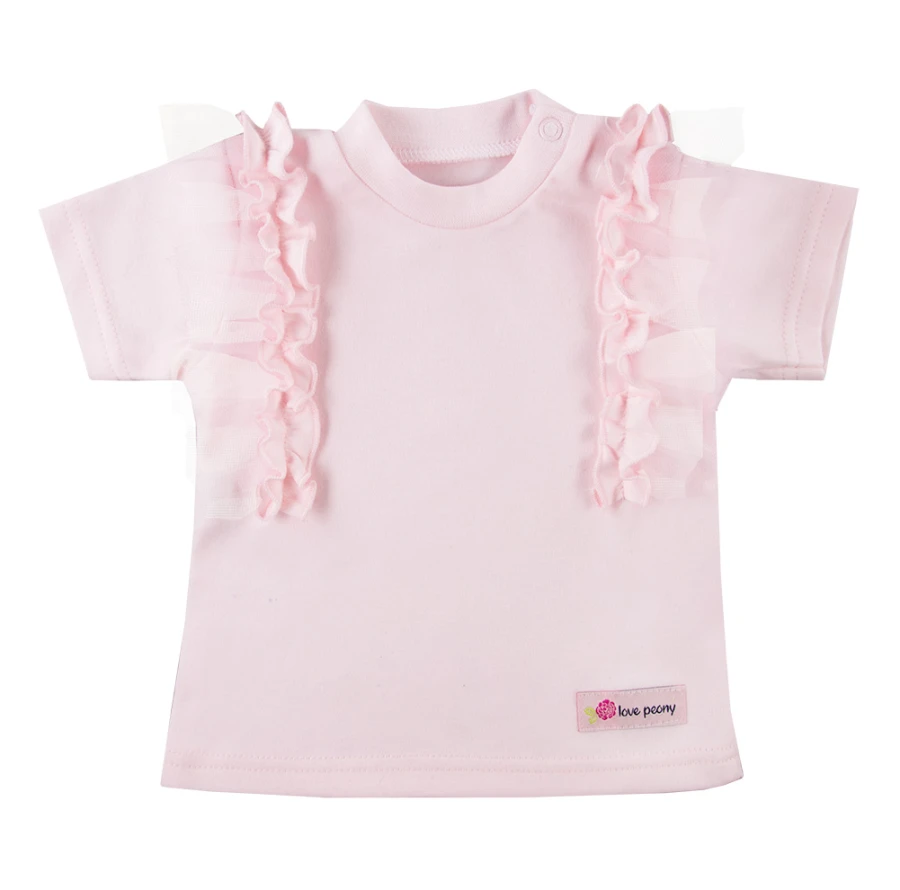 Girls set pink blouse with tulle ruffle and denim-style pants