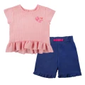 Pink muslin blouse and navy shorts set