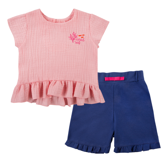 Pink muslin blouse and navy shorts set