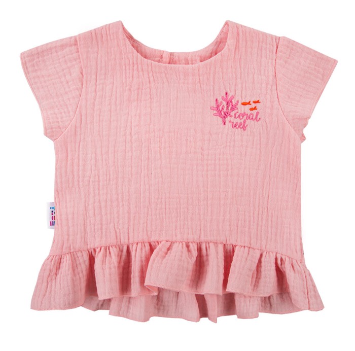 Pink muslin blouse and navy shorts set