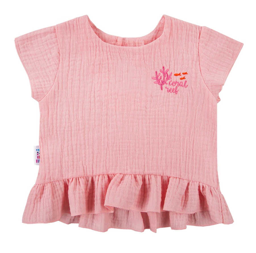 Pink muslin blouse and navy shorts set