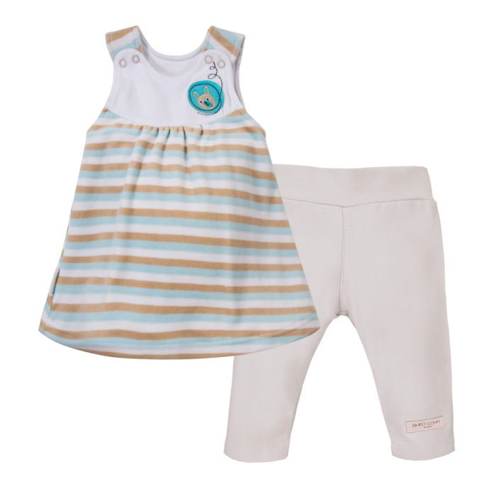 Beige and turquoise striped tunic and beige leggings set