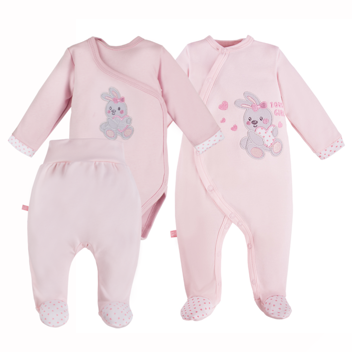 Pink baby set: bodysuit, sleepsuit and footed pants
