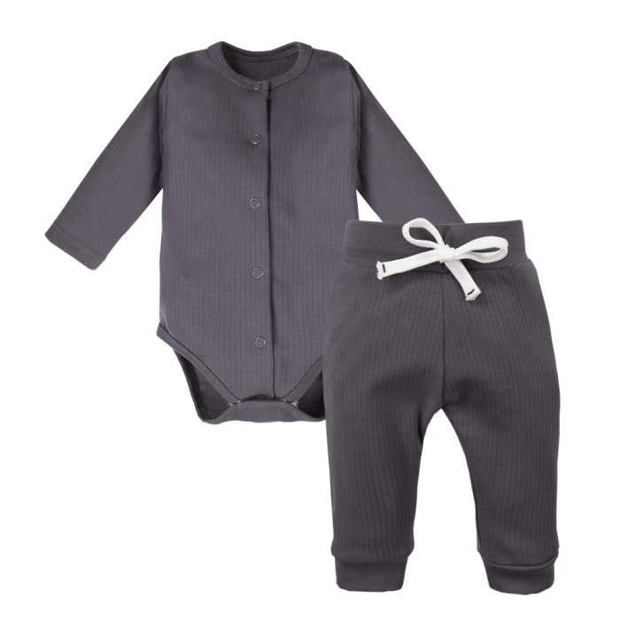 Set with wrap bodysuit and graphite ribbed pants