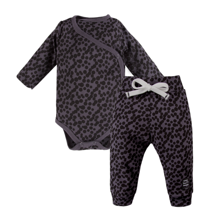 Wrap bodysuit and graphite polka dot pants set