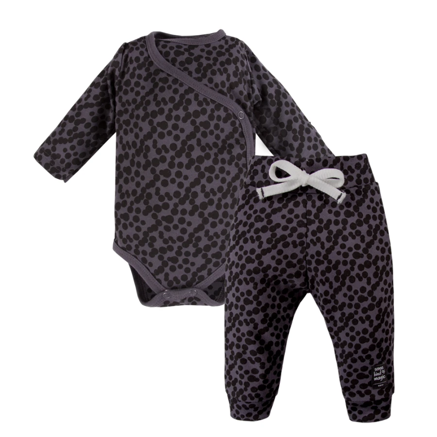 Wrap bodysuit and graphite polka dot pants set