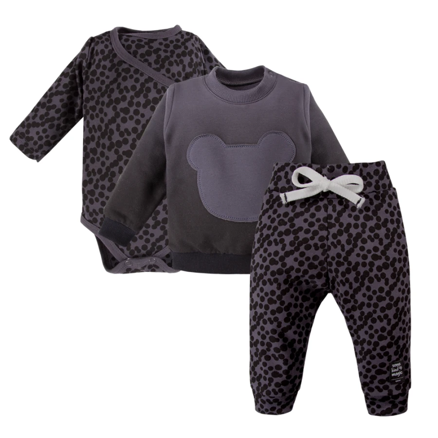 Wrap bodysuit, graphite polka dot pants and sweatshirt set