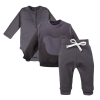 Wrap bodysuit, graphite ribbed pants and sweatshirt set
