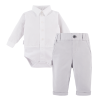White shirt bodysuit and elegant grey pants set