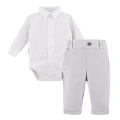 Set bílého košilového body a elegantních šedých kalhot