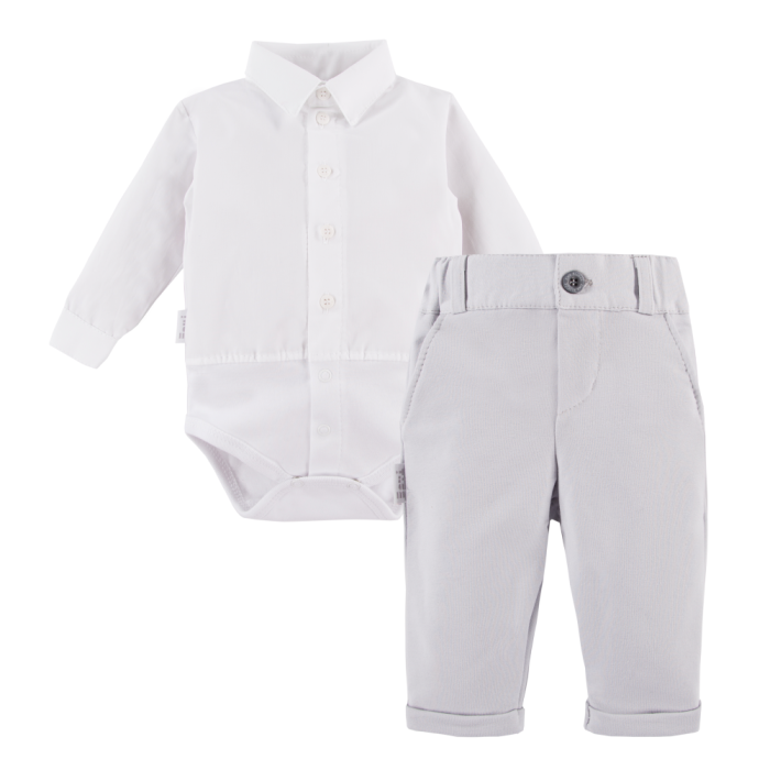 White shirt bodysuit and elegant grey pants set