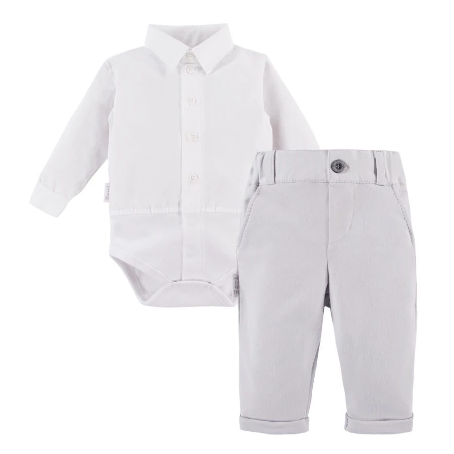 Set bílého košilového body a elegantních šedých kalhot