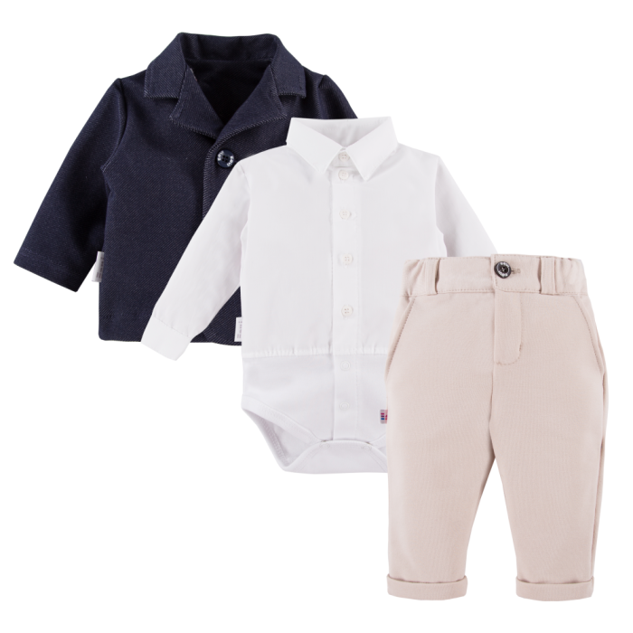 White shirt bodysuit, elegant beige pants and navy blazer set