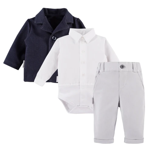 White shirt bodysuit, grey elegant trousers and navy blazer set