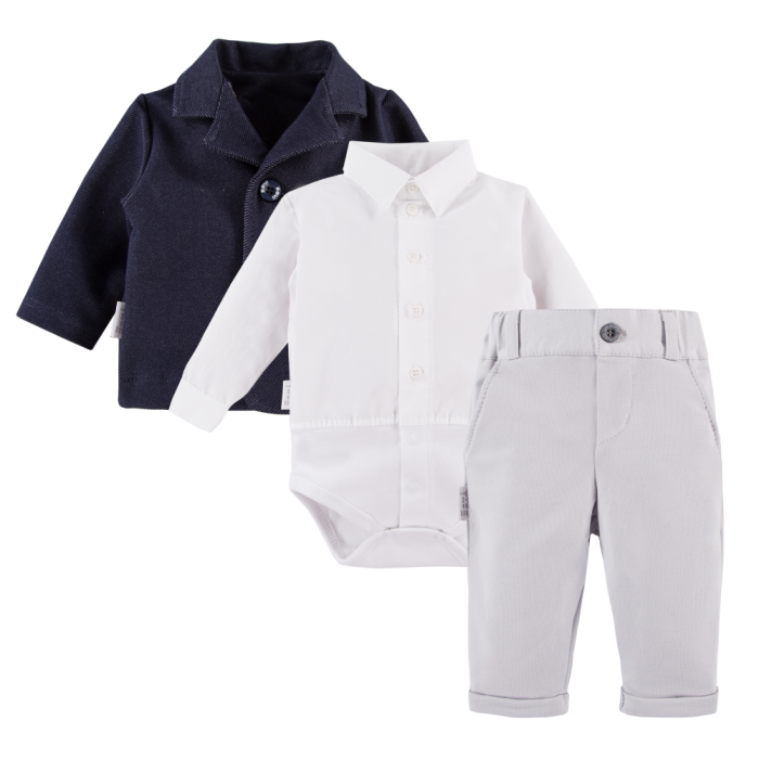 Set bílého košilového body, šedých elegantních kalhot a tmavomodrého saka