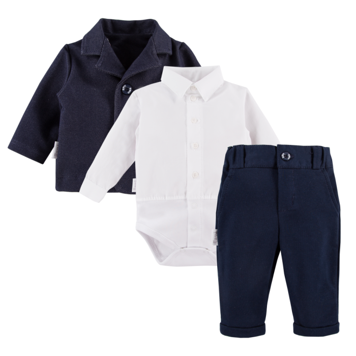White shirt bodysuit, navy elegant trousers and navy blazer set