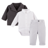 Set bílého košilového body, šedých elegantních kalhot a šedého saka