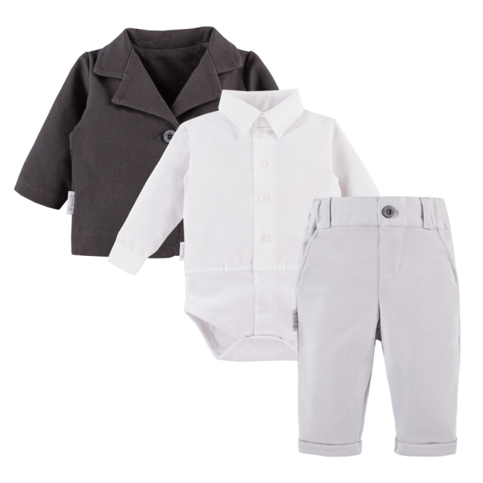 White shirt bodysuit, grey elegant trousers and grey blazer set